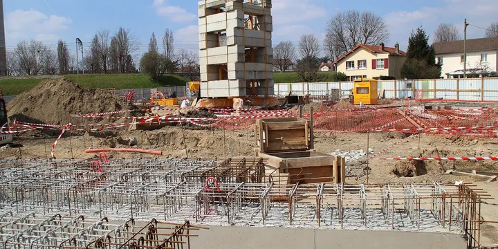 Rebar and formwork for a building foundation under construction