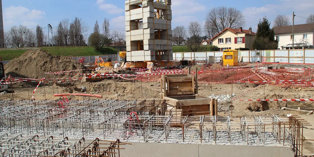 Rebar and formwork for a building foundation under construction
